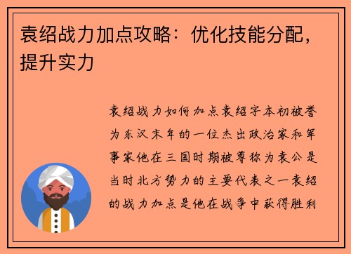 袁绍战力加点攻略：优化技能分配，提升实力